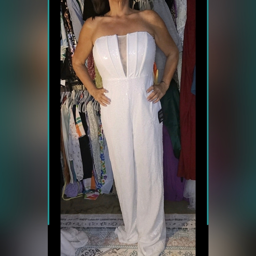 Lulus White Beaded Jumpsuit Bridal Strapless M